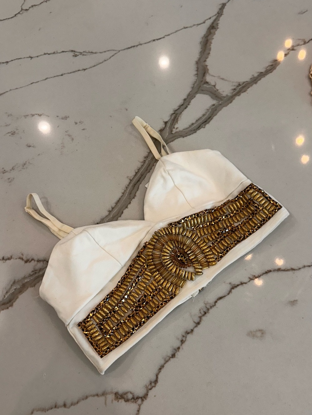BEBE size XS White Beaded Bralette Top with Gold Embellishment